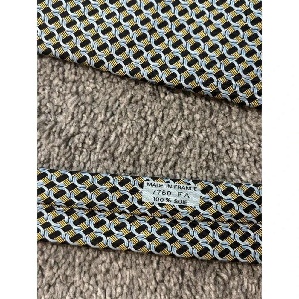 Hermes Silk Tie Yellow Blue‎ Geometric Pattern 7760